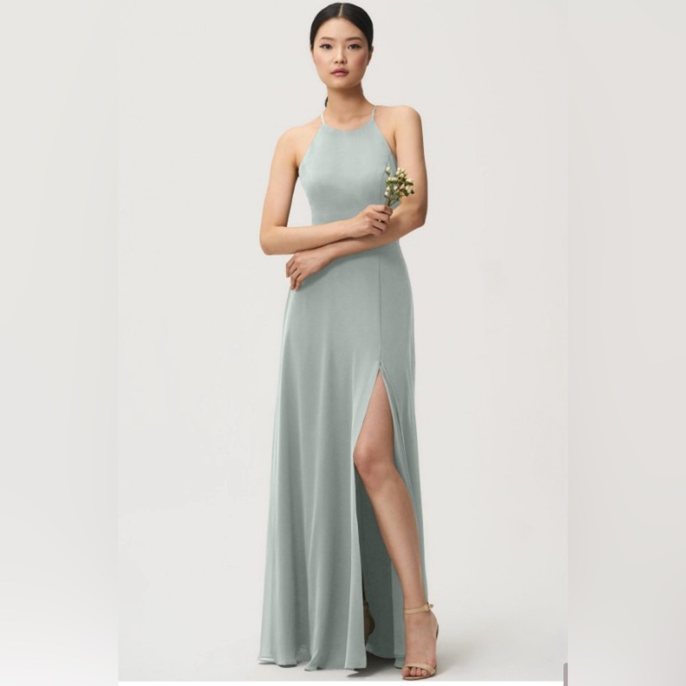 NWT Jenny Yoo Kayla Dress Halter Chiffon Bridesmaid Maxi Gown Slit Sage Green 2